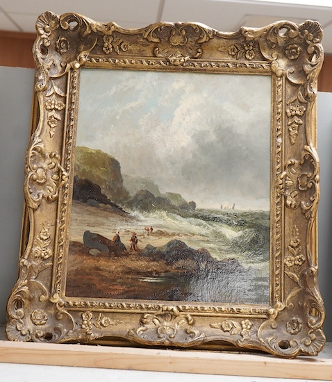 W. Byron (American, 1860-1920), Shore scene with figure near a rough sea, signed, oil on panel, 29 x 23cm.